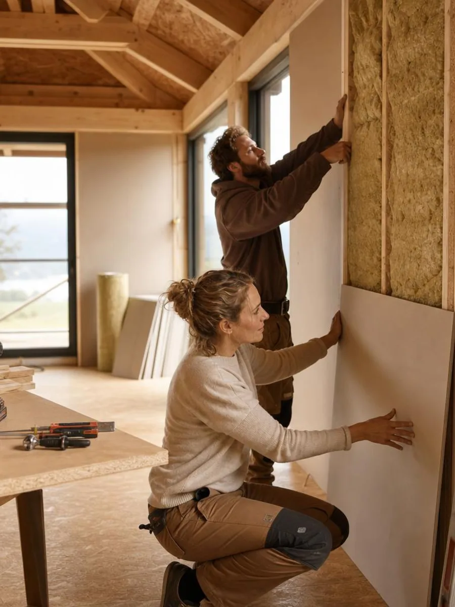 Eigenleistung beim Hausbau: Innenausbau in Eigenregie Eigenleistung beim Hausbau: Bauherren beim Innenausbau eines Ausbauhauses mit Trockenbau und Dämmung – Muskelhypothek realistisch planen