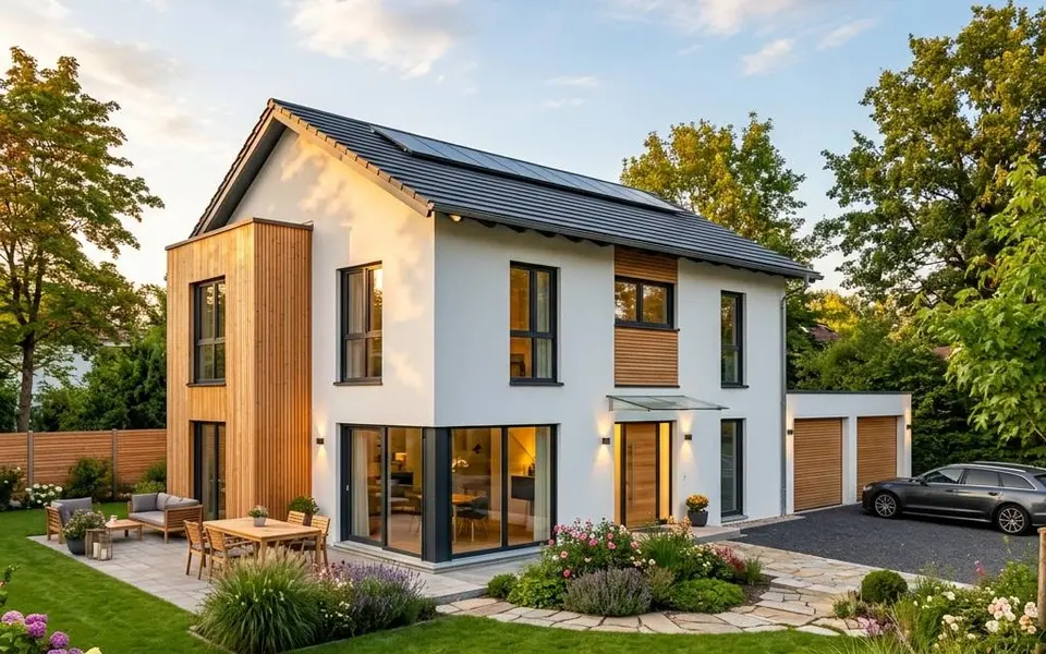 Fertighaus Einfamilienhaus: modernes freistehendes Haus mit Satteldach, weißer Putzfassade und Holzakzenten im sonnigen Garten – Neubaupreise 2026 Fertighaus Einfamilienhaus: modernes freistehendes Haus mit Satteldach, weißer Putzfassade und Holzakzenten im sonnigen Garten – Neubaupreise 2026