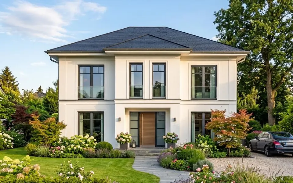 Fertighaus Stadtvilla mit Walmdach, zwei Vollgeschossen und großen Fensterfronten im eleganten Vorgarten – Preise 2026 Fertighaus Stadtvilla mit Walmdach, zwei Vollgeschossen und großen Fensterfronten im eleganten Vorgarten – Preise 2026