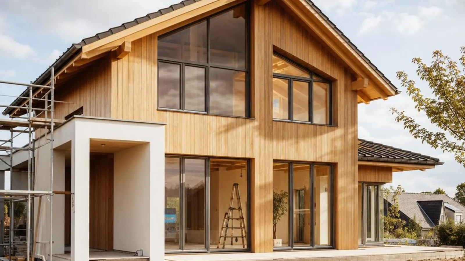 Modernes Ausbauhaus mit fertiger Holzfassade und wetterfester Gebäudehülle – Innenausbau in Eigenleistung steht noch bevor